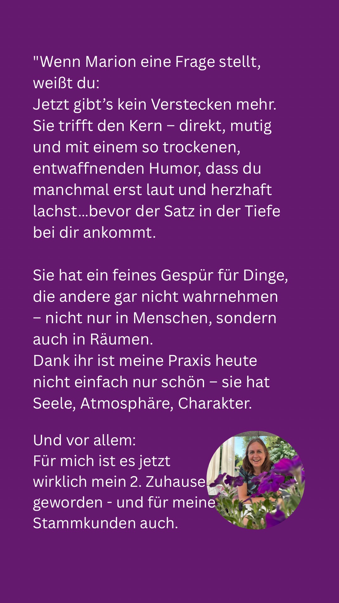 Auf dem Bild sieht man ein Testimonial für Marion Lang - es ist lila gehalten.