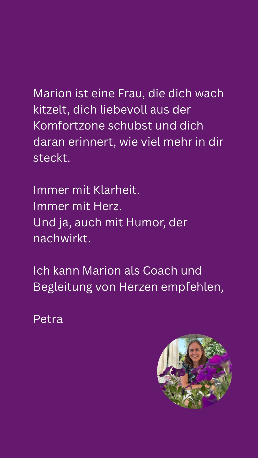 Auf dem Bild sieht man ein Testimonial für Marion Lang - es ist lila gehalten.