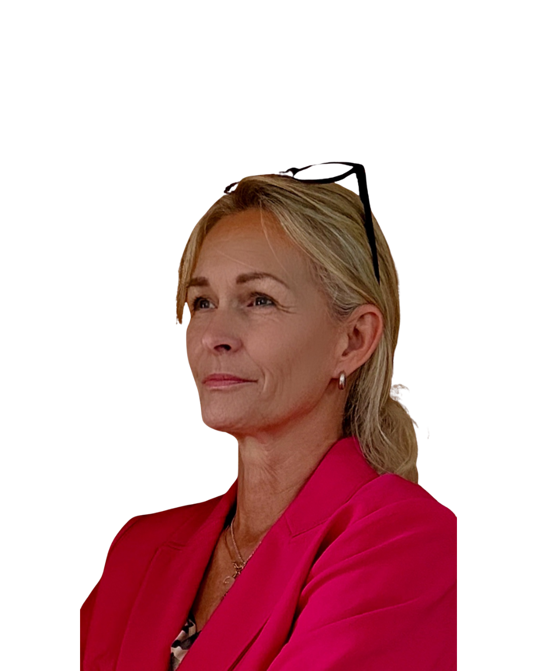 Hier ist ein Porträt Bild von Marion Lang zu sehen. Man sieht sie von ihrer linken Seite. Sie schaut entschlossen nach vorne. Sie trägt eine rote Jacke. Ihre Haare hat sie zu einer schicken Frisur zusammengesteckt. Ihre Brille hat sie locker auf den Kopf gesetzt. Sie trägt Ohrringe und ist dezent geschminkt.