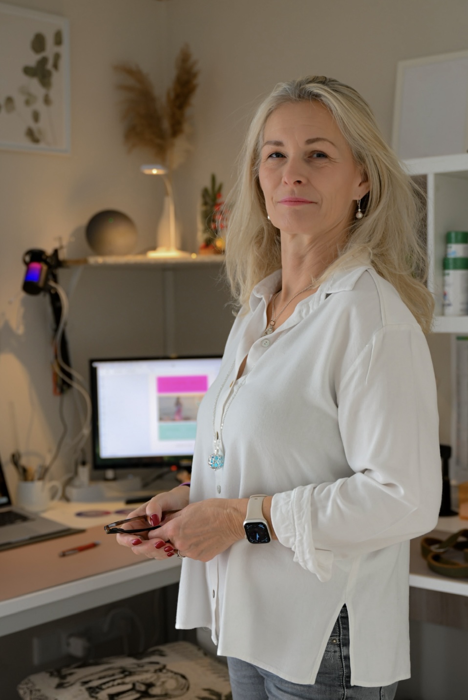 Auf dem Bild sieht man Marion Lang im Profil. Sie strahlt lustig in die Kamera. Sie trägt ihre blonden Haare zu einem Zopf nach hinten gebunden. Sie ist dezent geschminkt. Sie trägt eine Halskette und ein Leoparden Oberteil, da drüber einen pinken Blazer. Im Hintergrund sieht man eine hölzerne Wand.